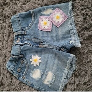 Denim Shorts with Crochet Flower Patches
